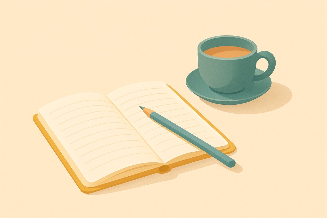 机の上の罫線ノートと鉛筆、お茶。落ち着いた学びのミニマルイラスト