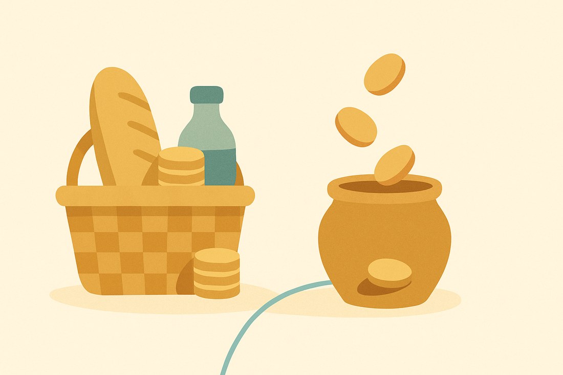 生活必需品とコインを安全なかごに分け、余剰のコインだけを投資の壺へ移すイラスト