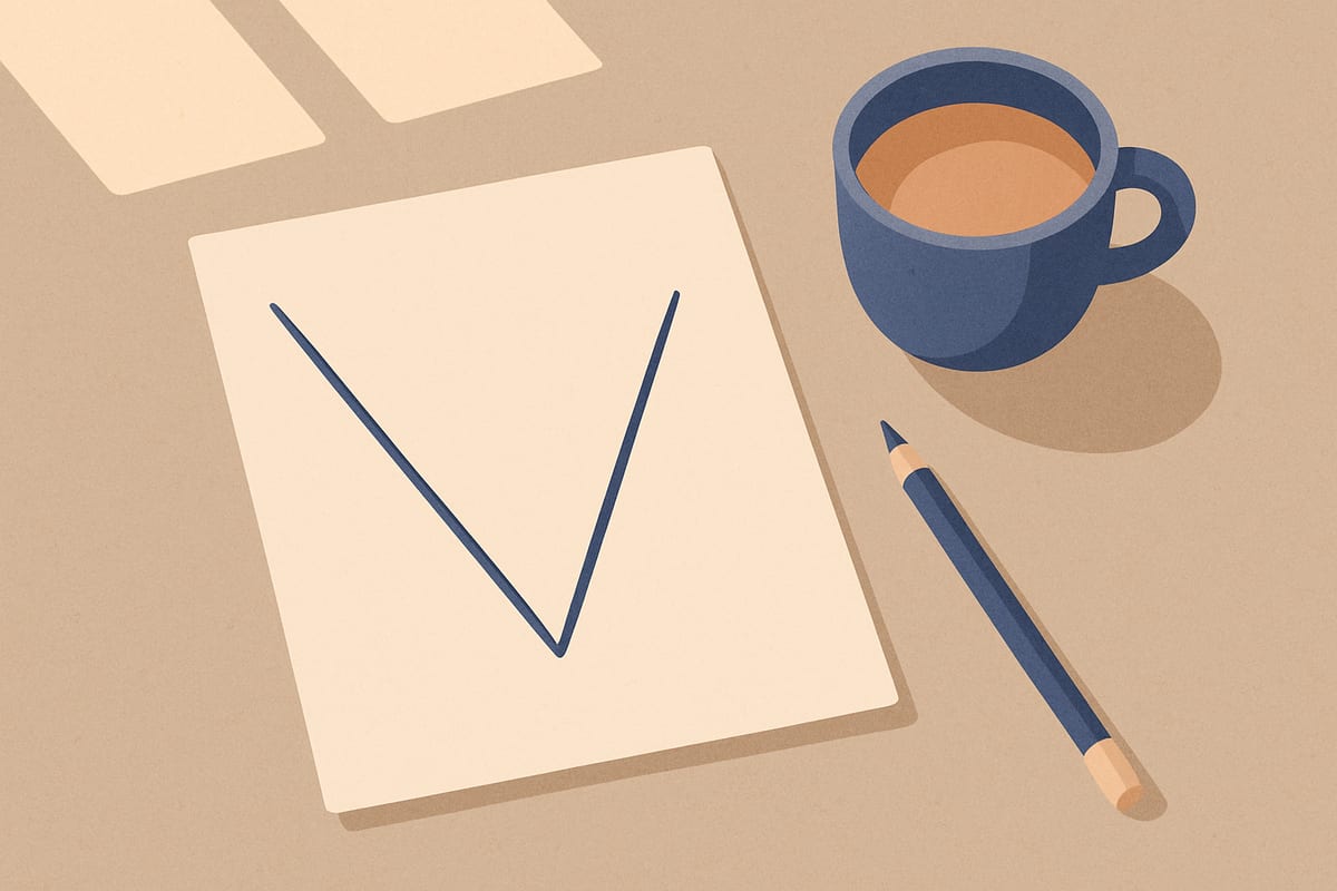 紙に描かれた V 字の線と、机の上の鉛筆とカップのミニマルなイラスト