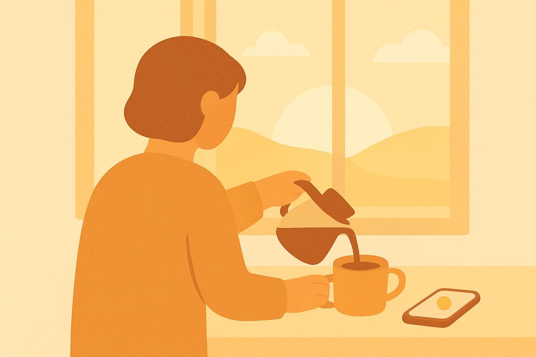 窓辺で朝日を見ながらコーヒーを丁寧に注ぐ人。テーブルのスマホに初配当の通知が小さく光るイラスト