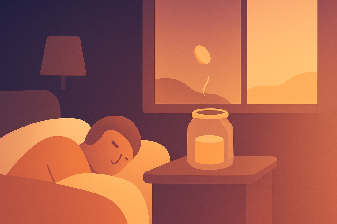 夜から夜明けの部屋で眠る人。枕元の瓶に、窓の外から金貨が一枚そっと落ちてくるイラスト