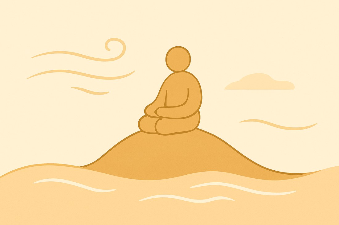 吹く風と波のなか、丘の上で静かに座って動かず見守る人のイラスト