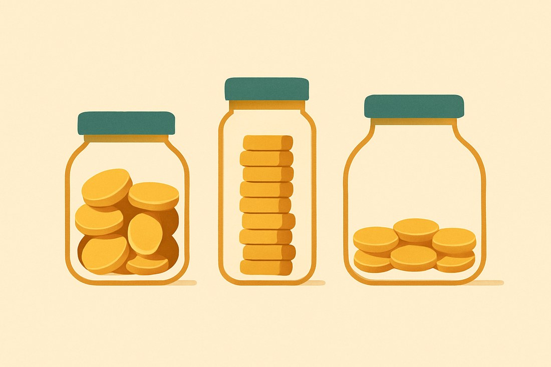 3つの器にそれぞれ違う入れ方で金貨が入っている、3つの運用パターンを表すミニマルなイラスト