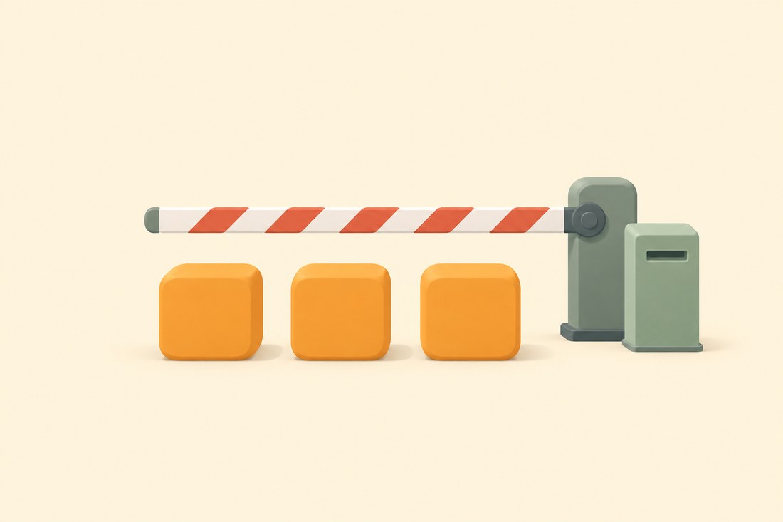 オレンジ色の3つのブロックが並ぶ手前で、遮断機の棒が下りている3Dイラスト