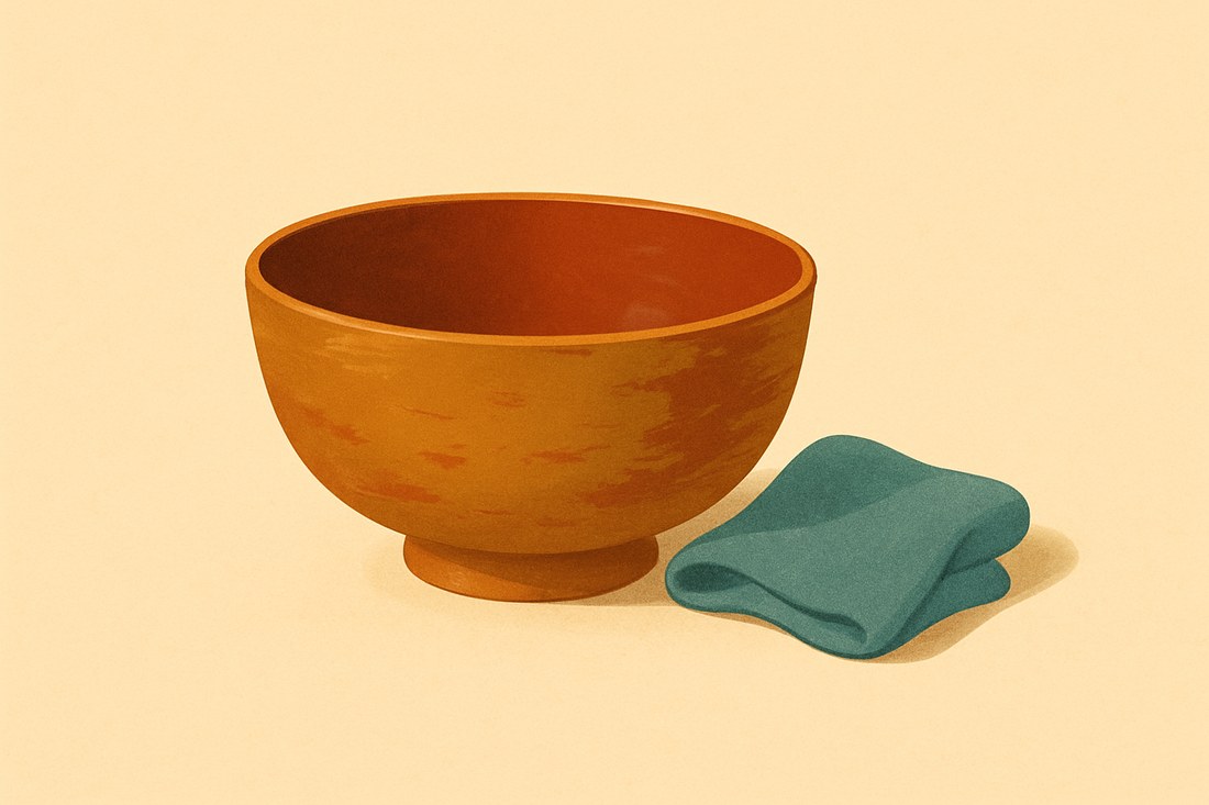 長く使い込まれた漆器の椀。隣に手入れ用の布。温かいミニマルイラスト