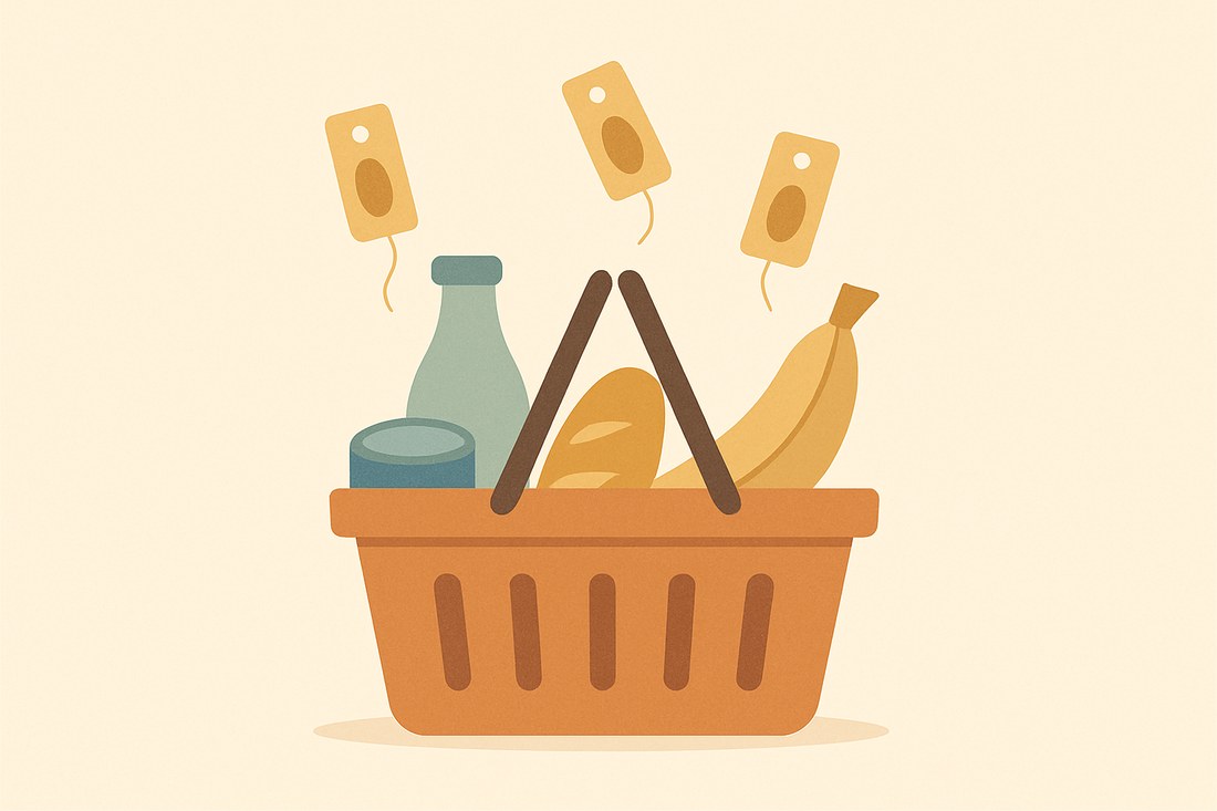 買い物かごの中の商品に、少しずつ上がっていく値札がついている、物価高をやさしく表すミニマルなイラスト